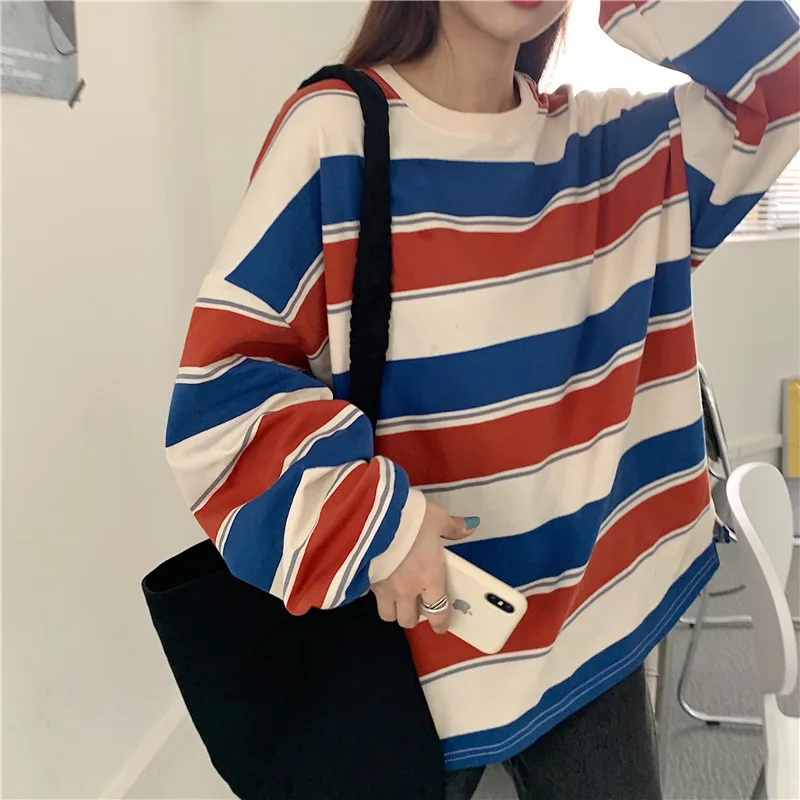 Striped T Shirt for Women 2026 Fall Winter Thin Loose Fit Long Sleeve Rainbow Stripe Casual Blouse Tee Top Plus Size Streetwear