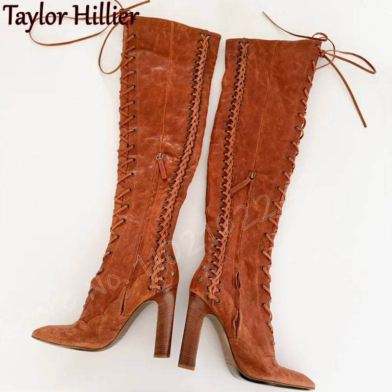 

Новые весенние сапоги до колена на шнуровке в стиле ретро для женщин, замшевые длинные сапоги с круглым носком на толстом каблуке, модные повседневные женские сапоги на боковой молнии для вечеринок