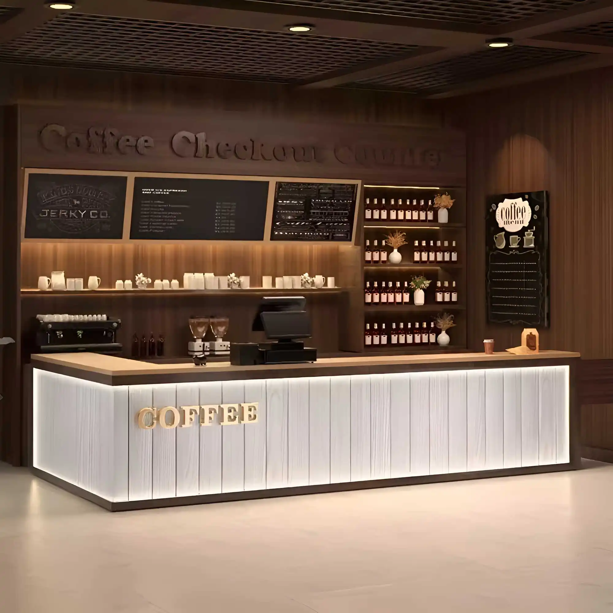 Industrial Light Emitting Diode Coffee Bar Counter Wine Cabinet Bar Restaurant Bar Design Cafe Design Coffee checkout page