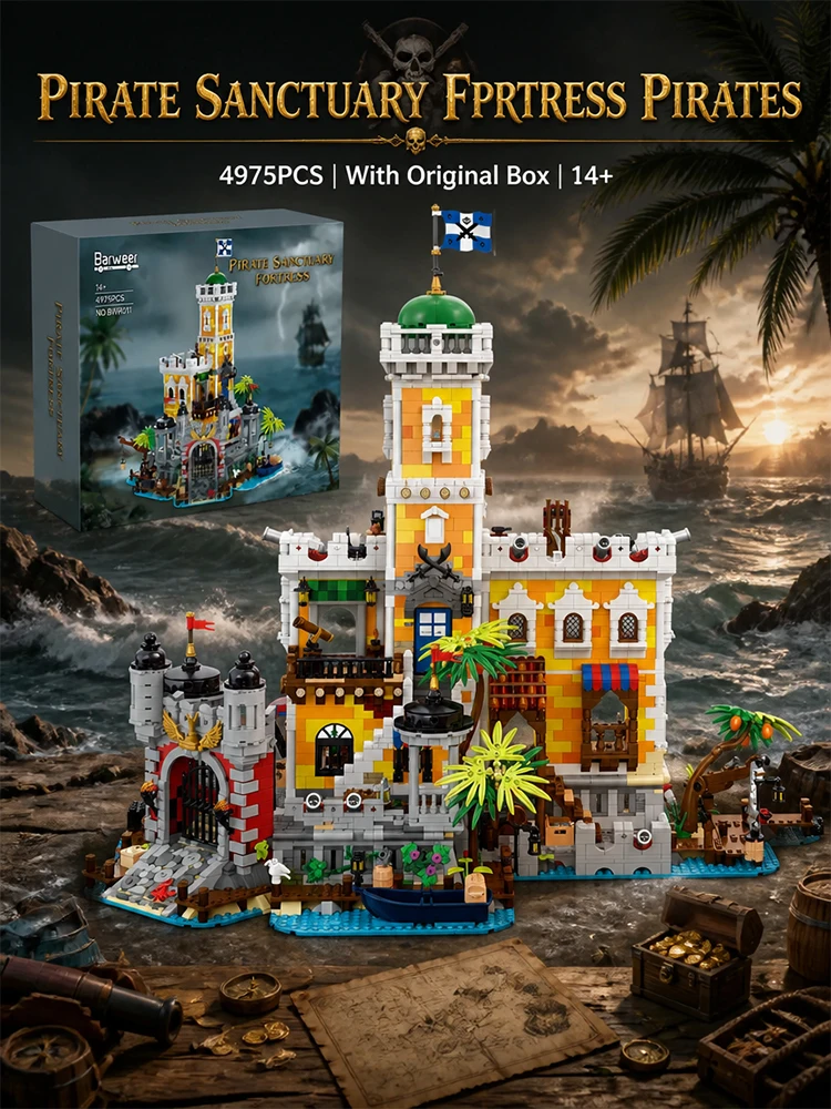 Piratenhafen Mittelalterliche Burg Beleuchtete Bausteine Retro-Straßenansicht Modulares Montagemodell Sammlerstück Kreatives Erwachsenen-Geschenk 4975 Teile