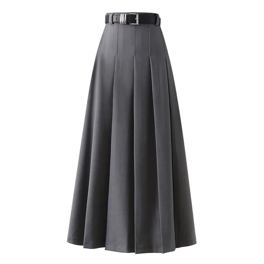 2024suit skirt, women's high waisted versatile slim fit, pleated skirt, medium length skirt, A-line long skirt（Send a belt）