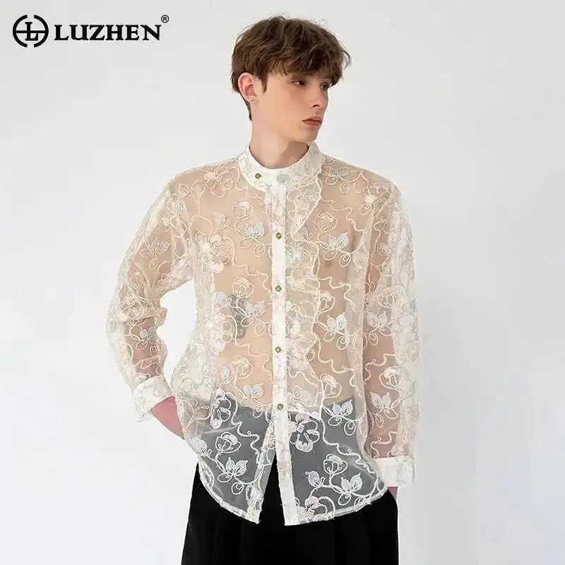 LUZHEN Long 2026 Summer Personalized Sexy Perspective Embroidery Pattern Sleeve Shirts Men's Fashion Elegant Casual Tops JY7569