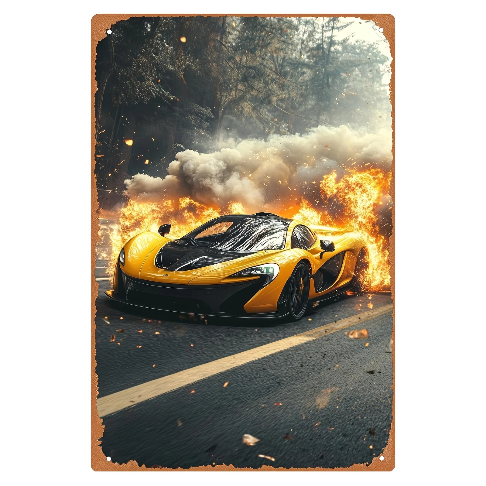 Turboracer Flame Metal Tin Sign - High-Performance Sports Car Art with Vibrant Orange,Yellow Design, Perfect for Garage, Bar, f