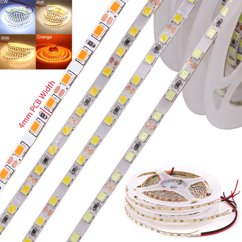 Fita LED flexível para decoração, fita de lâmpada, legal, natural, quente, branco, laranja, DC12V, 5m, 2835SMD, 120LEDs por m, largura de 4mm