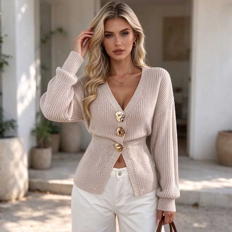 Waist Cinched Elegant French Women Sweater V‑Neck Knit Cardigan Big Metal Buttons Jackets Long Sleeve Knitted Loose Slim Clothes