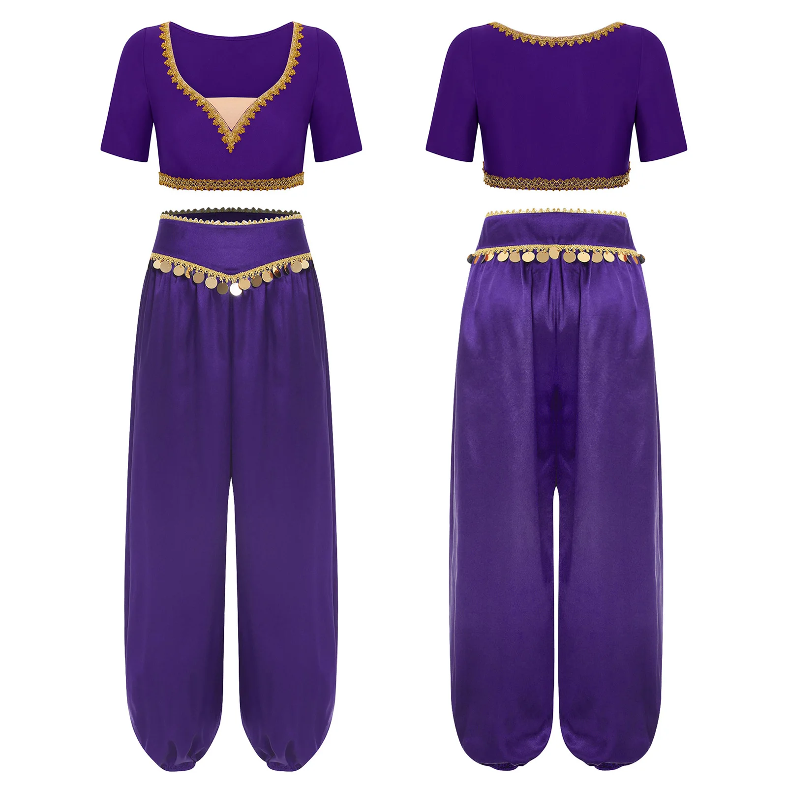 

Women Belly Dance Outfit Princess Costume Short Sleeve Gold Trim Crop Top and Sequin Tassel Pants Set for India Dance Folk Dance