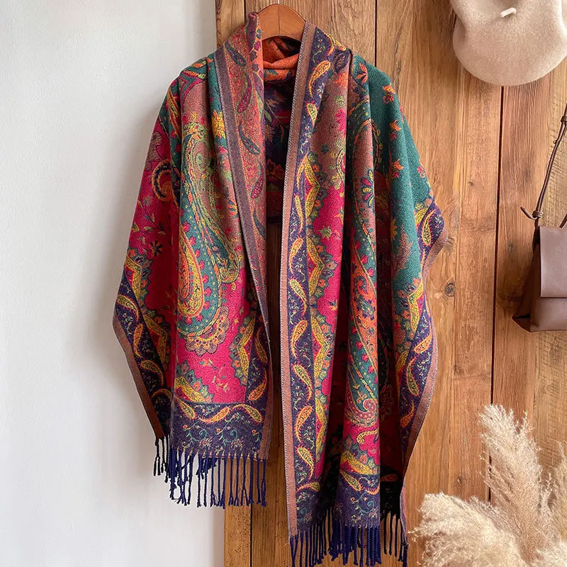 Outdoor Jacquard Scarf Thick Cashmere Tassel Shawl Winter Warm Neck Wrapped in Cashmere Flower Traveling Women's Paisley