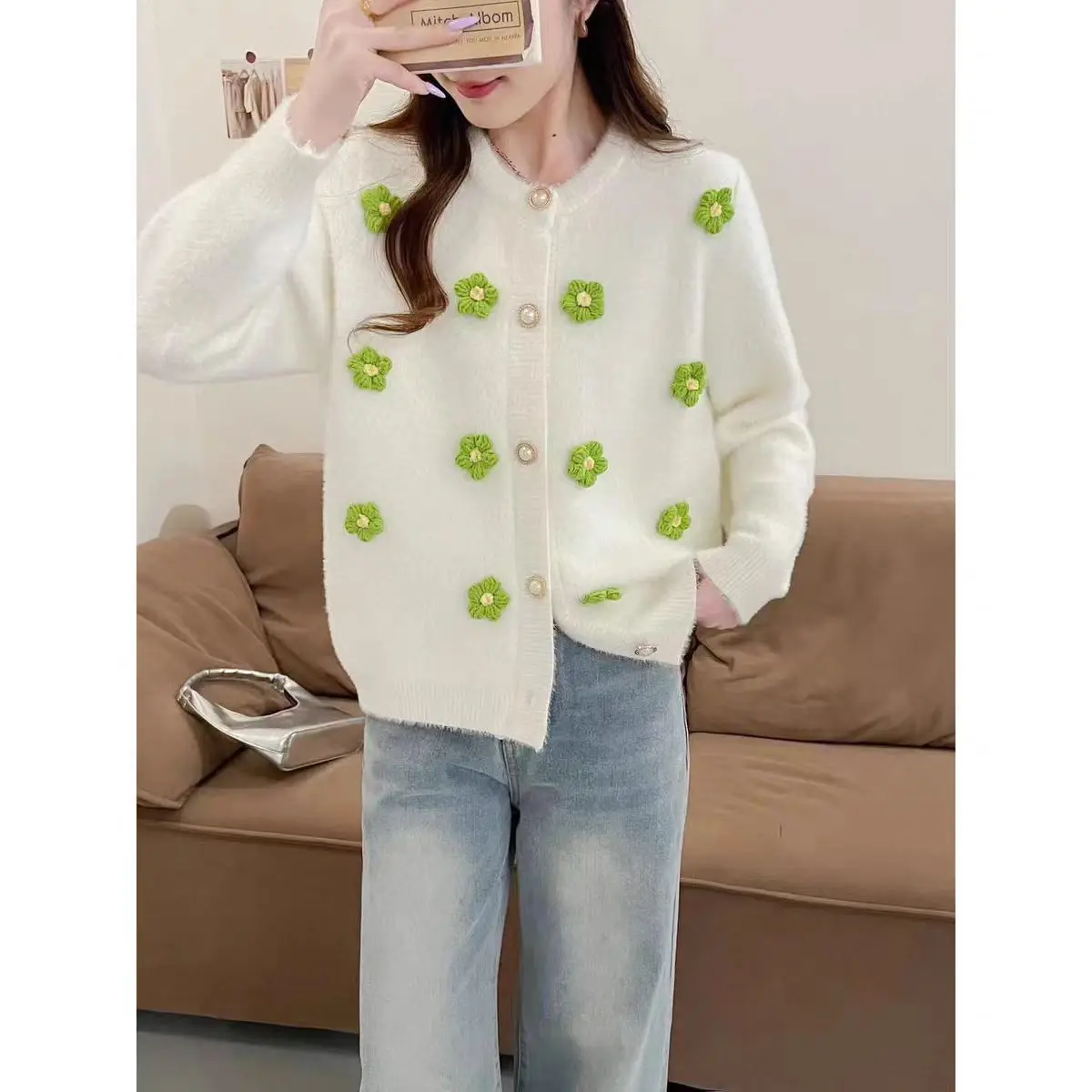 3D Flowers Outerwear Knitted Sweater Women Cardigan Long Sleeve Imitation Mink Fur Sweet Girls Coats Autumn Winter 2025 New