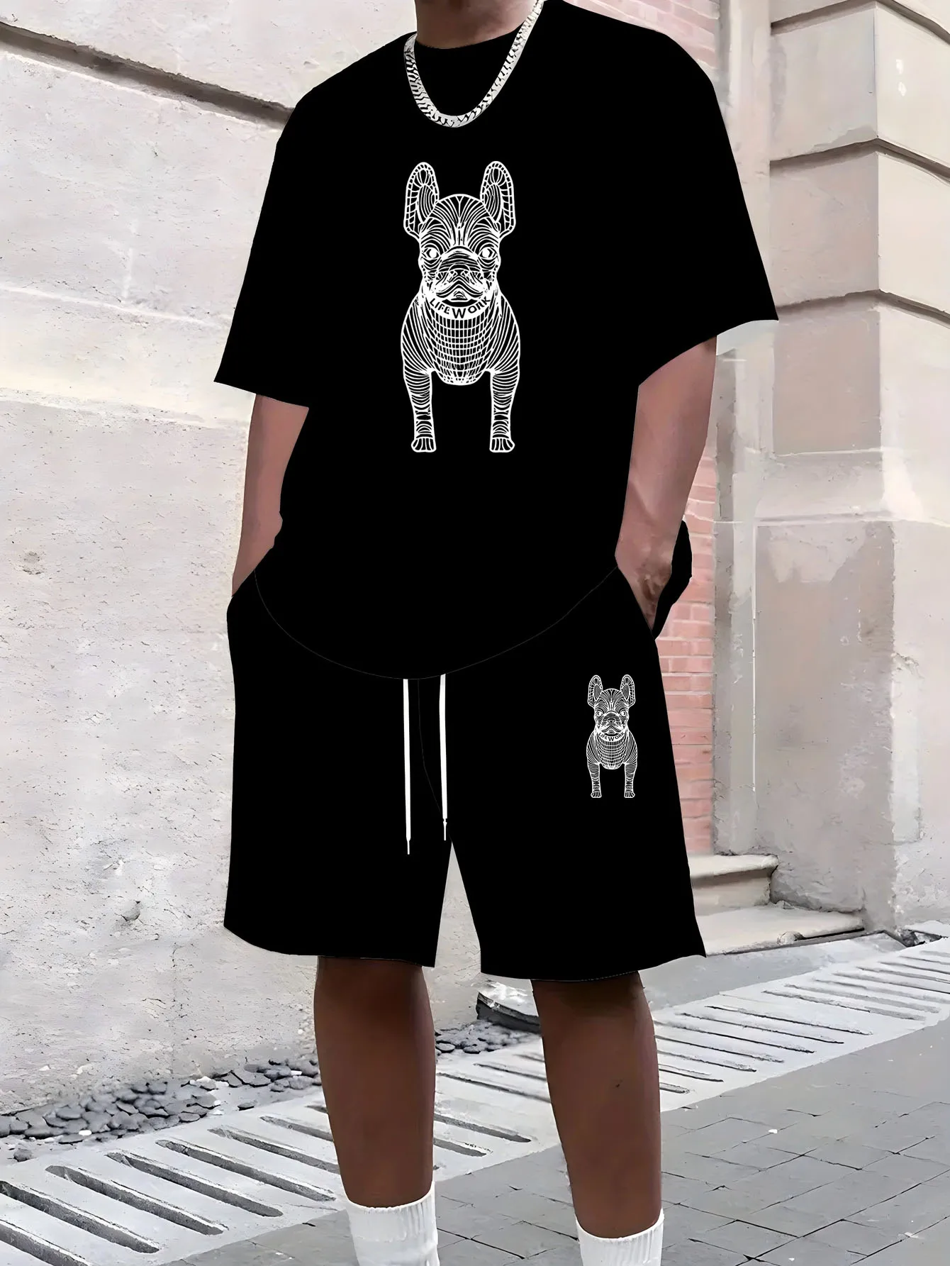 

Men's Summer Fashionable Casual Sportswear Set T-Shirt And Shorts Loose Fit Dog Head Print round Neck Short Sleeve Outfit