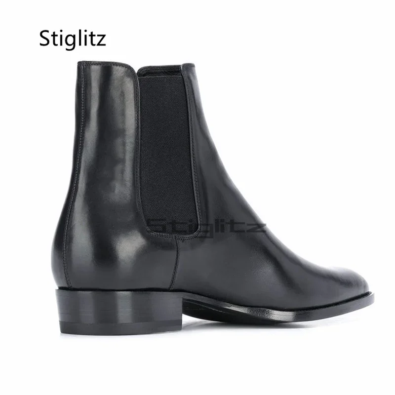 

Genuine Leather Business Chelsea Boots for Men Black Pointed Toe Cowhide Elastic Ankle Boots British Handmade Shoes Male