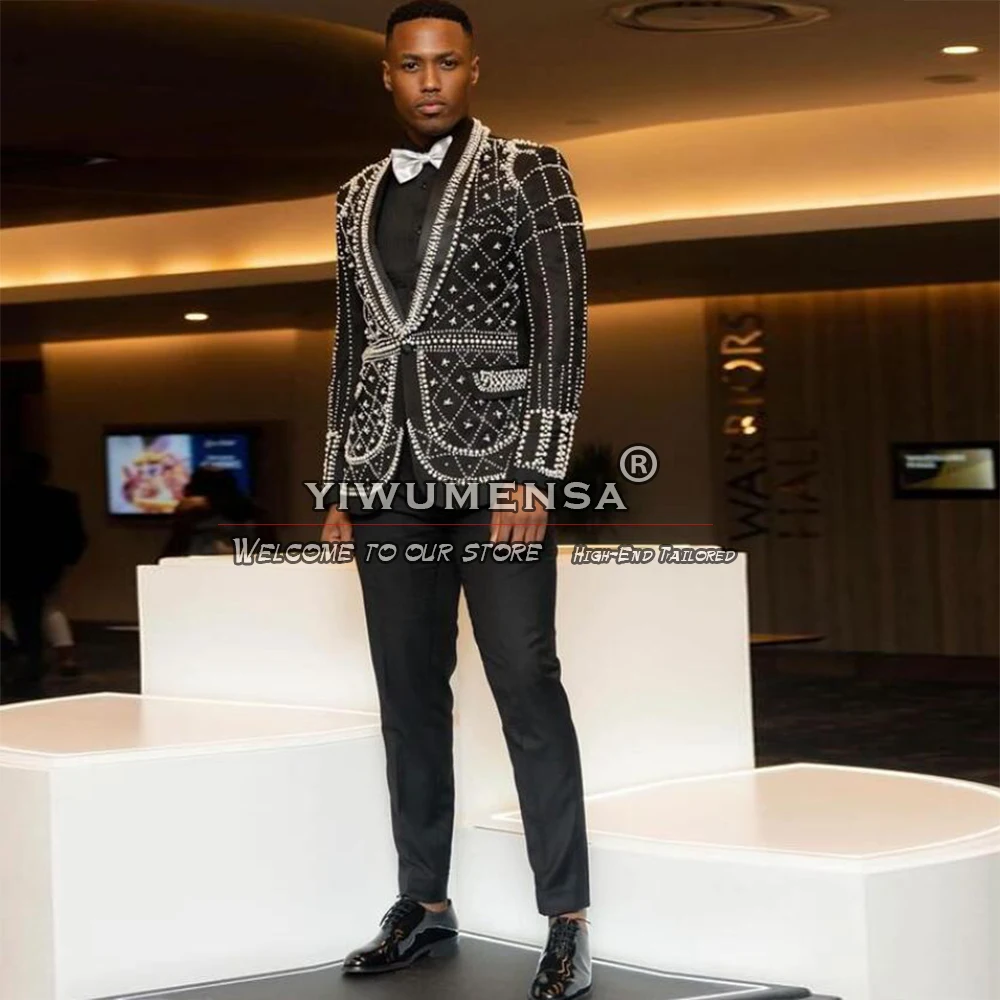 Handmade Black Men's Suits Luxury Pearls Beaded Jacket Pants 2 Pieces Groomsmen Tuxedos Tailored Formal Business Dinner Blazers