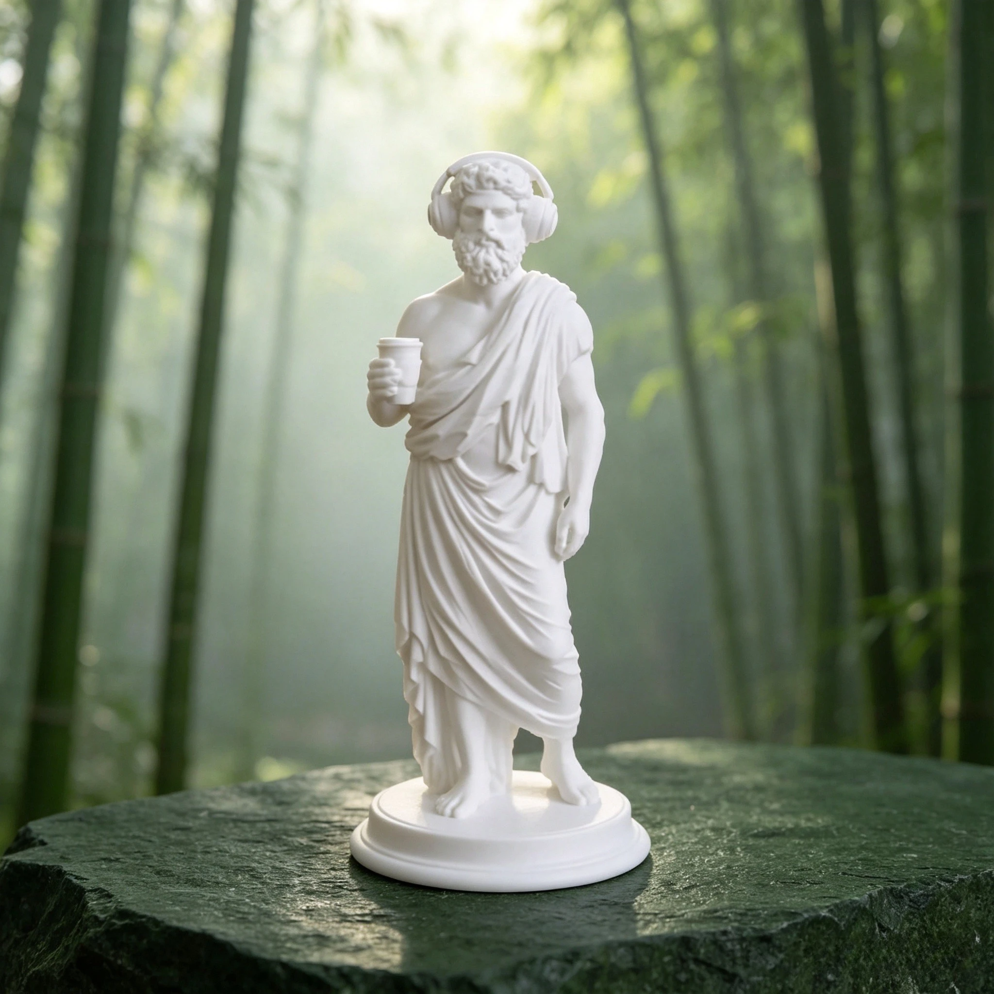 Funny Greek Philosopher Statue With Headphones Coffee Cup White Novelty Figurine Sculpture for Desktop Office Decor Gift