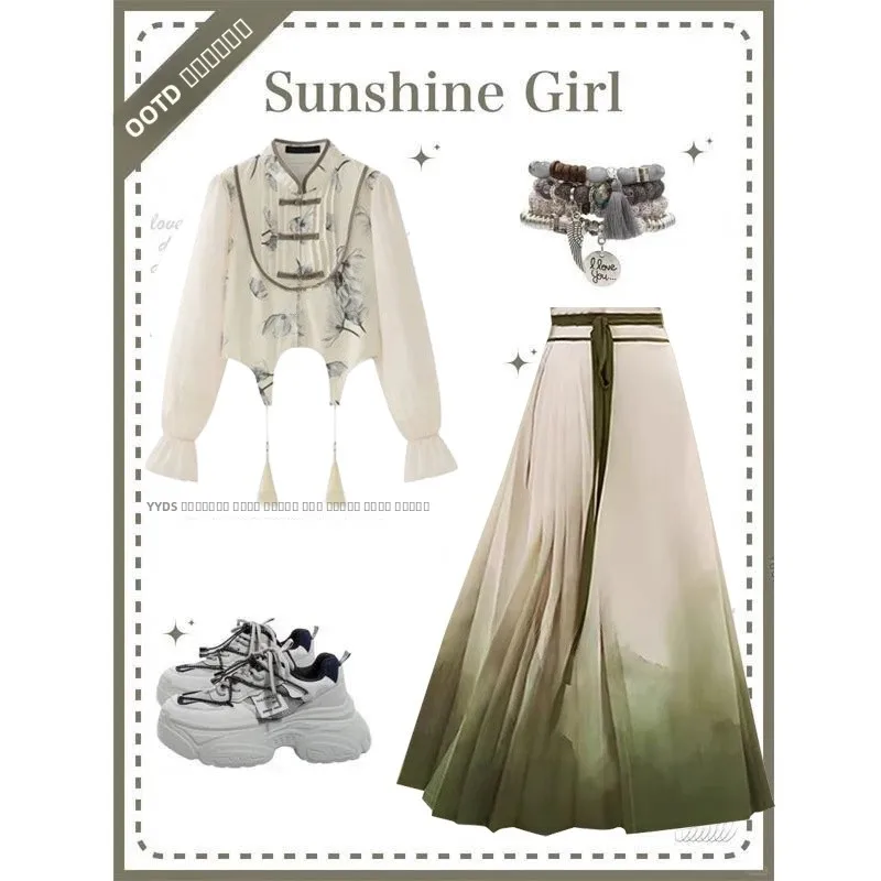 

Новый китайский Sle Faionable Tang костюм на пуговицах топ для похудения с мясным покрытием юбка Hanfu Ma для лица комплект из двух предметов