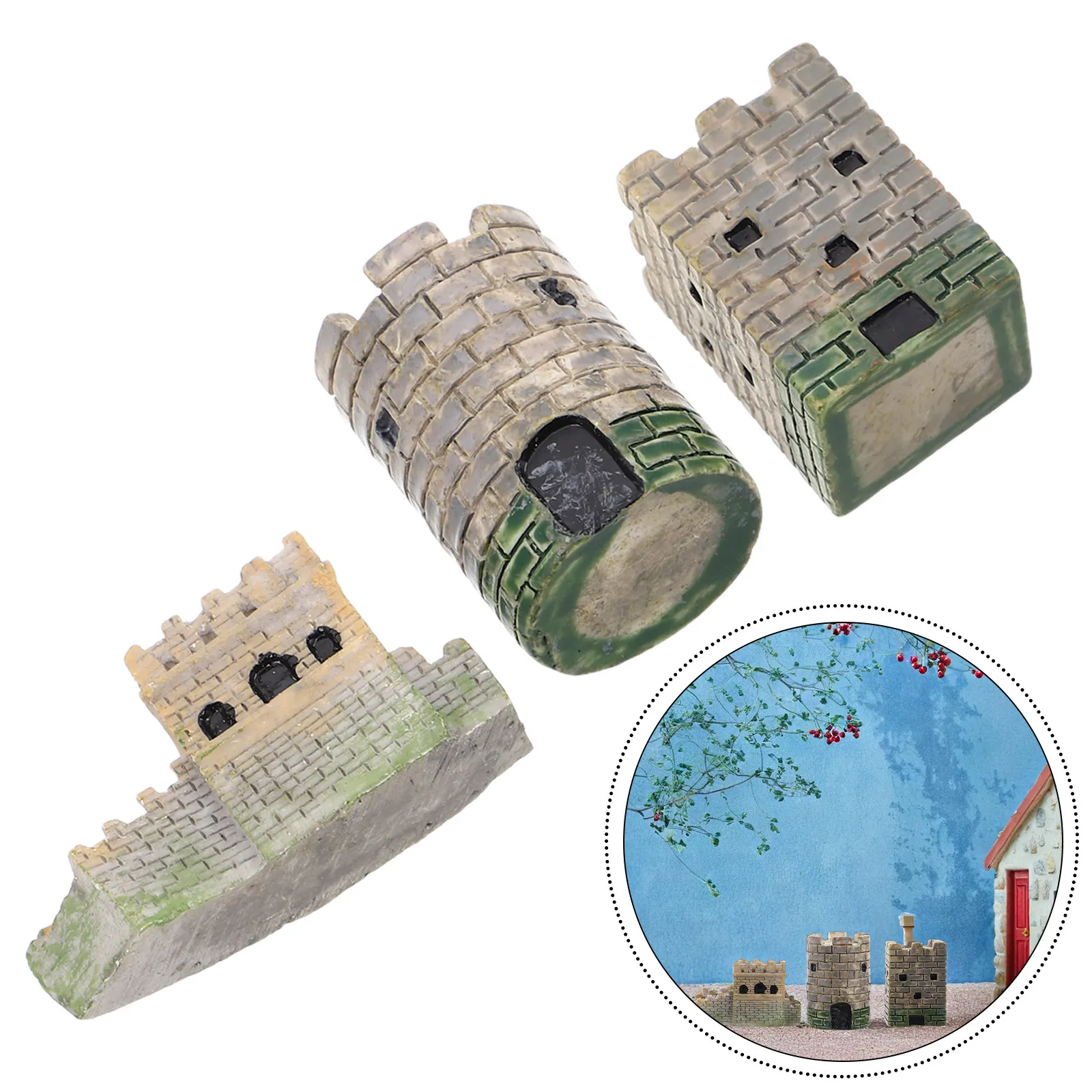 3Pcs Micro Landscape Architecture Set Vintage Round Fortress Square Castle China European Resin Sand Table Decor for Display view 2