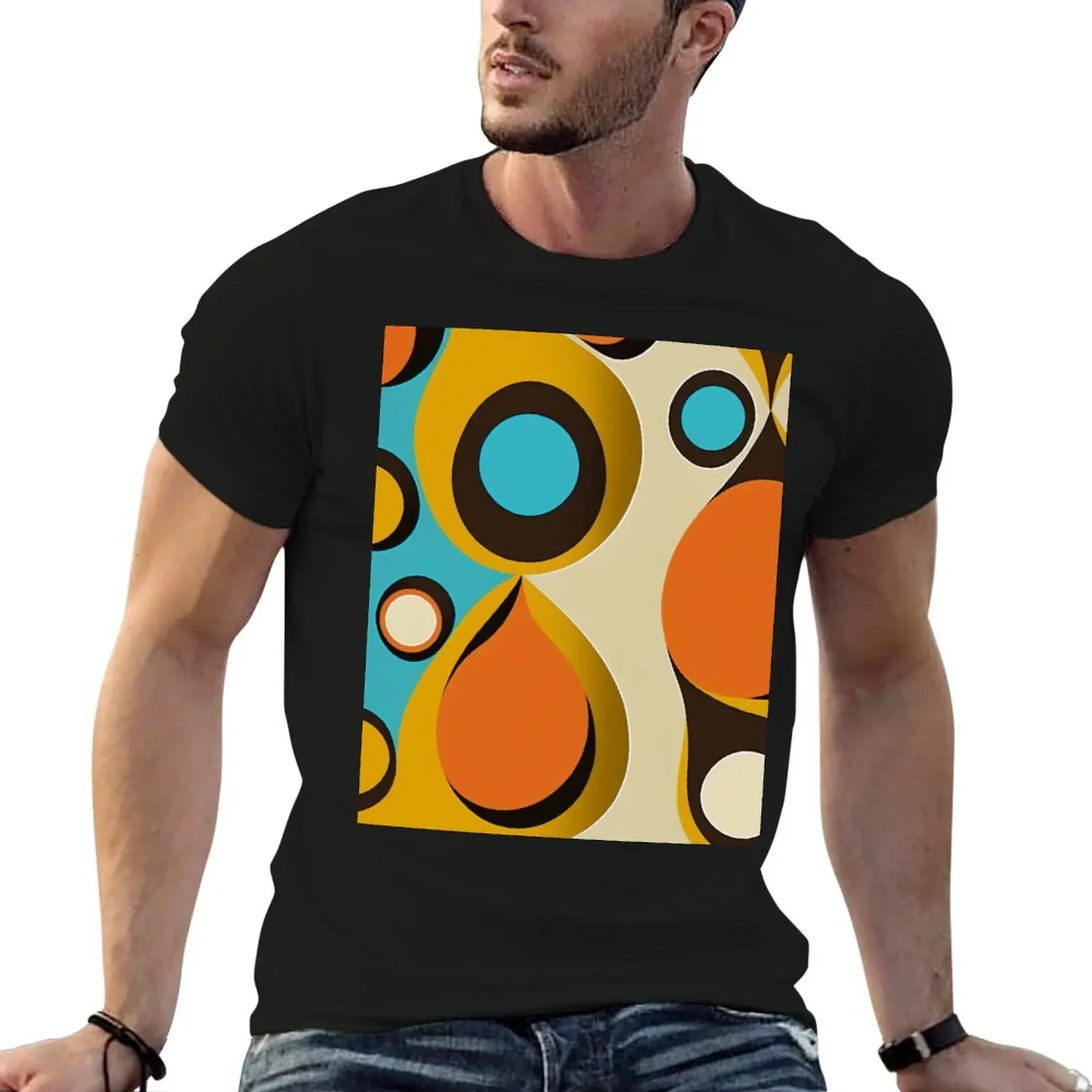 Retro Sixties Mod Flowers (blue, brown, orange) T-Shirt Short sleeve tee oversizeds clothes for men