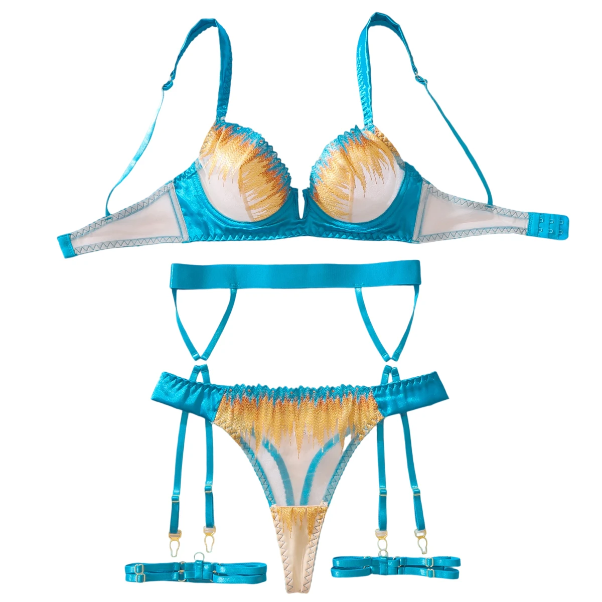 

2026 New Product Color Contrasting Perspective Embroidered Steel Rim Gathering Body Shaping Sexy Underwear Set