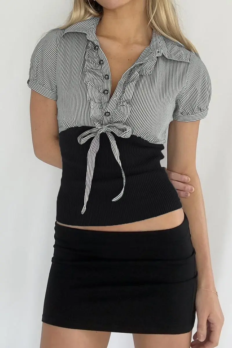 

Korejpaa French Style Camisas Slim Waist Contrasting Color Splicing Striped Fungus Shirts Bubble Sleeve Top Roupas Femininas