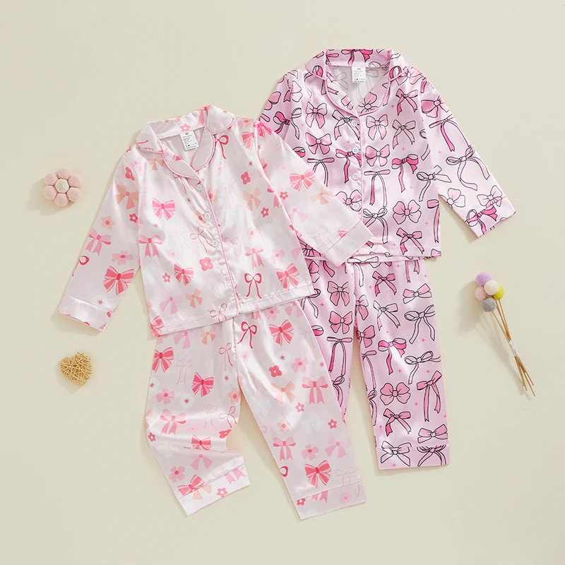 Blotona Little Girls Satin Pajamas Set Long Sleeve Bow Print Button Down Shirts and Pants Set Casual Sleepwear