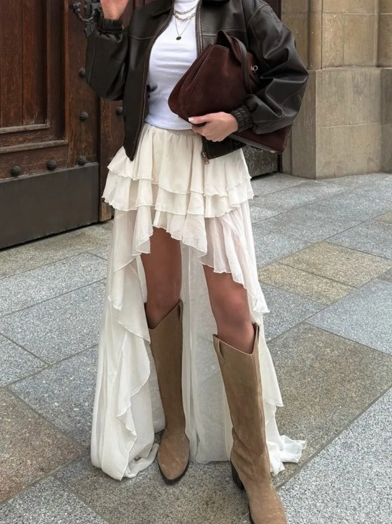 

FDYOUI Casual Fashion Asymmetrical Skirts Woman Clothes Elastic Waist A-line Long Skirt Streetwear Y2K Girls Solid Ruffles Dress