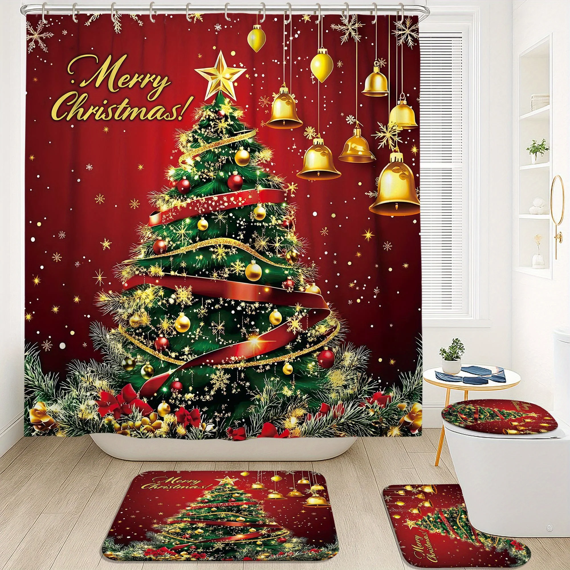 4Pcs Xmas Bath Set, Tree Bell Snowflake Design, Red Green Curtain, Holiday Decor, 12 Hooks, Non-Slip Mat & U-Shaped Toilet Cover