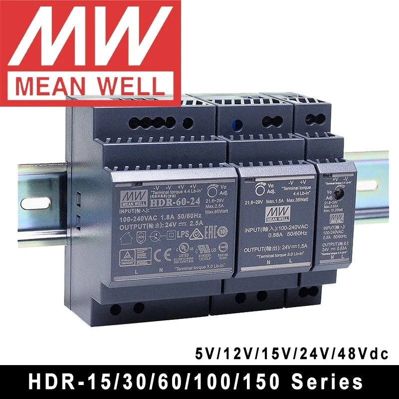 

Mean Well HDR-15 30 60 100 150 series DC 5V 12V 15V 24V 48V meanwell Ultra Slim Step Shape DIN Rail Power Supply