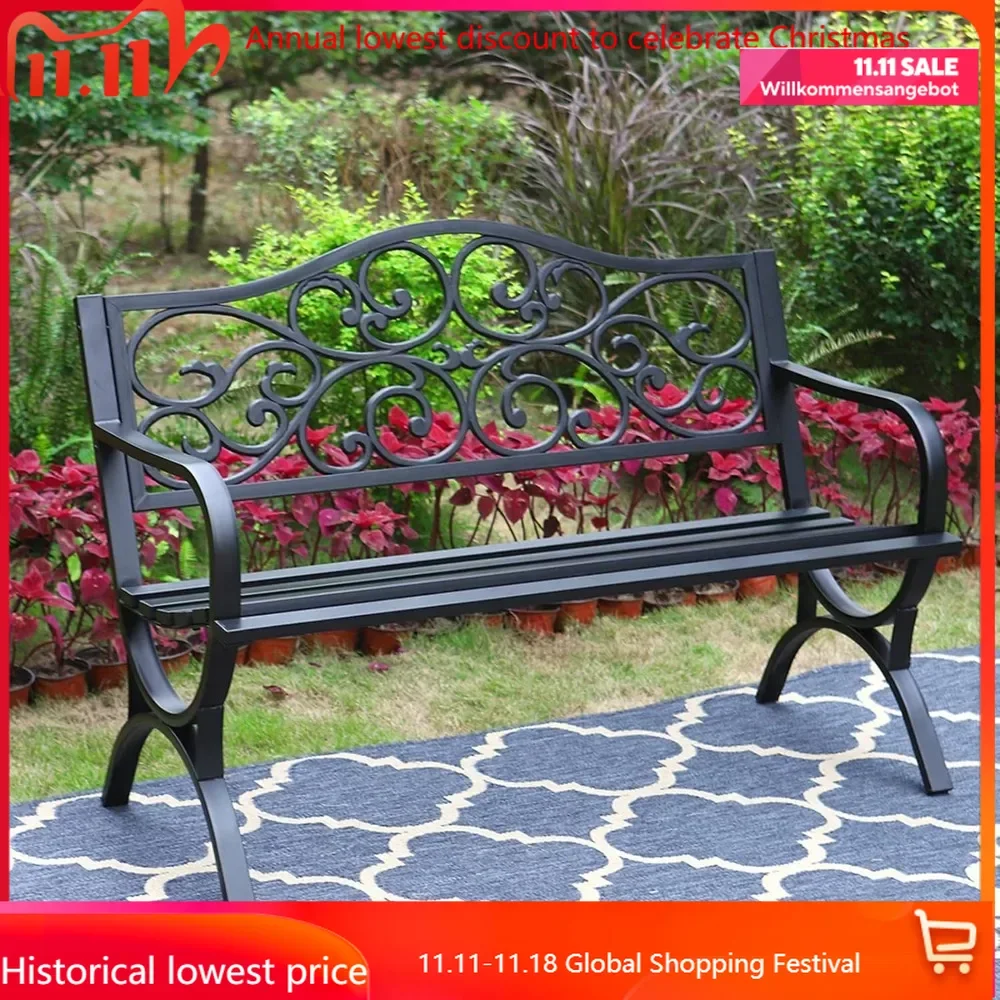 

50 Inches Outdoor Garden Bench,Cast Iron Metal Frame Patio Park Bench with Floral Pattern Backrest,Arch Legs for Porch, recliner