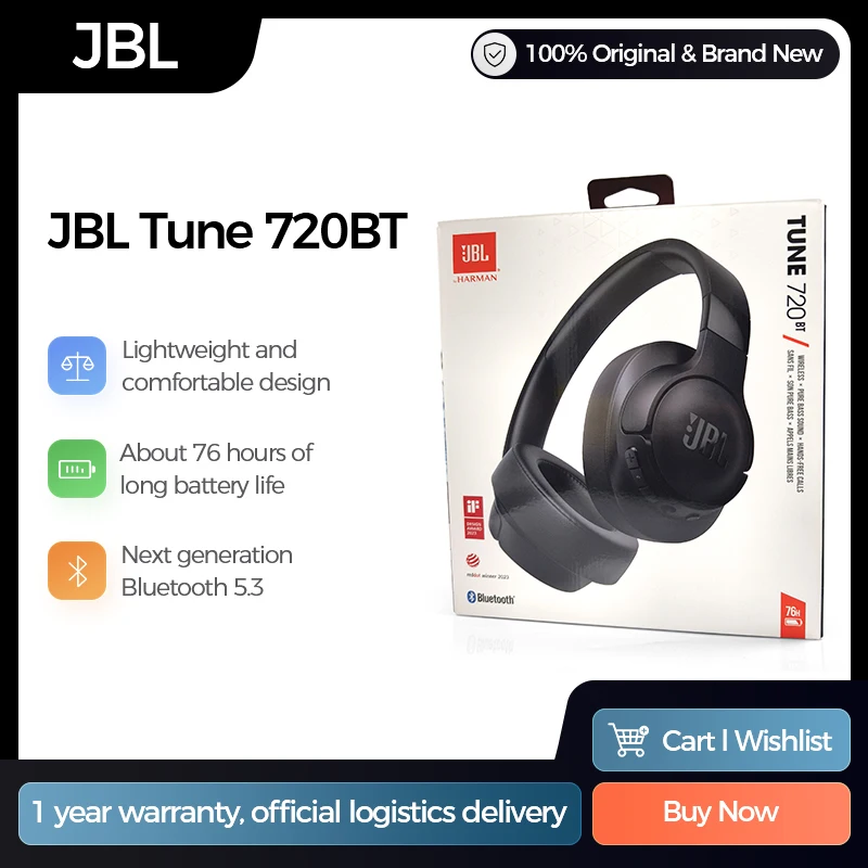 

Беспроводные наушники JBL TUNE 720BT, чистый низкочастотный звук, Bluetooth 5,3, гарнитура для звонков, музыка, онлайн класс