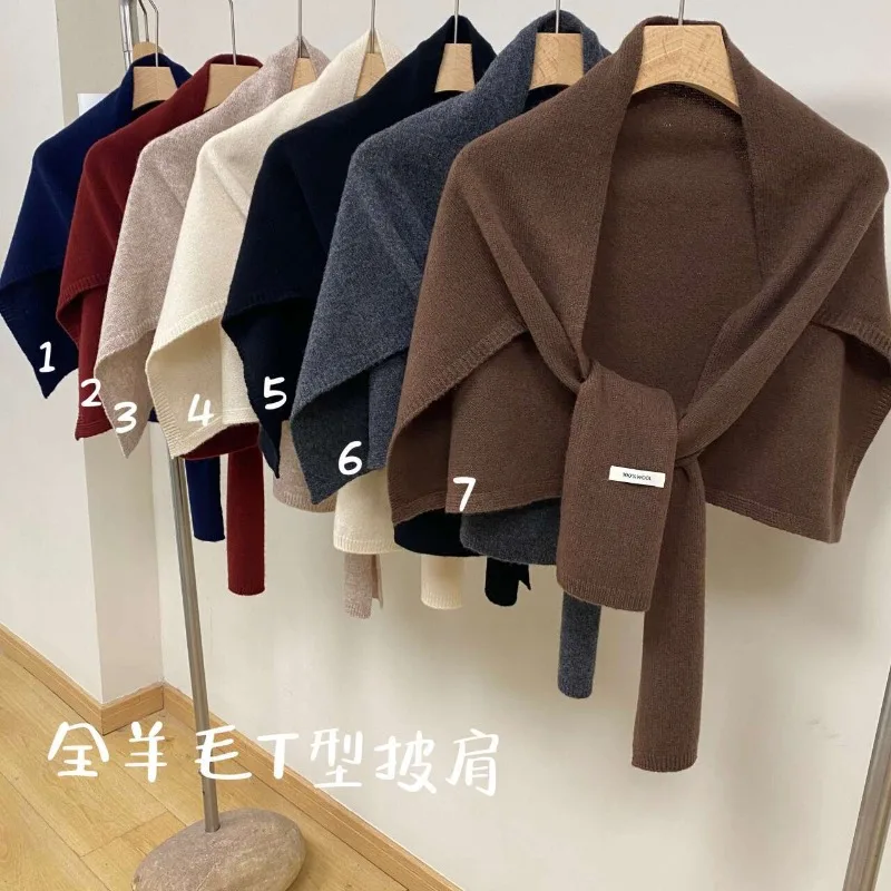 

New All Wool T-shaped Shawl for Autumn and Winter Versatile Scarf Women Luxury High-end Solid Color Knitted Shawl