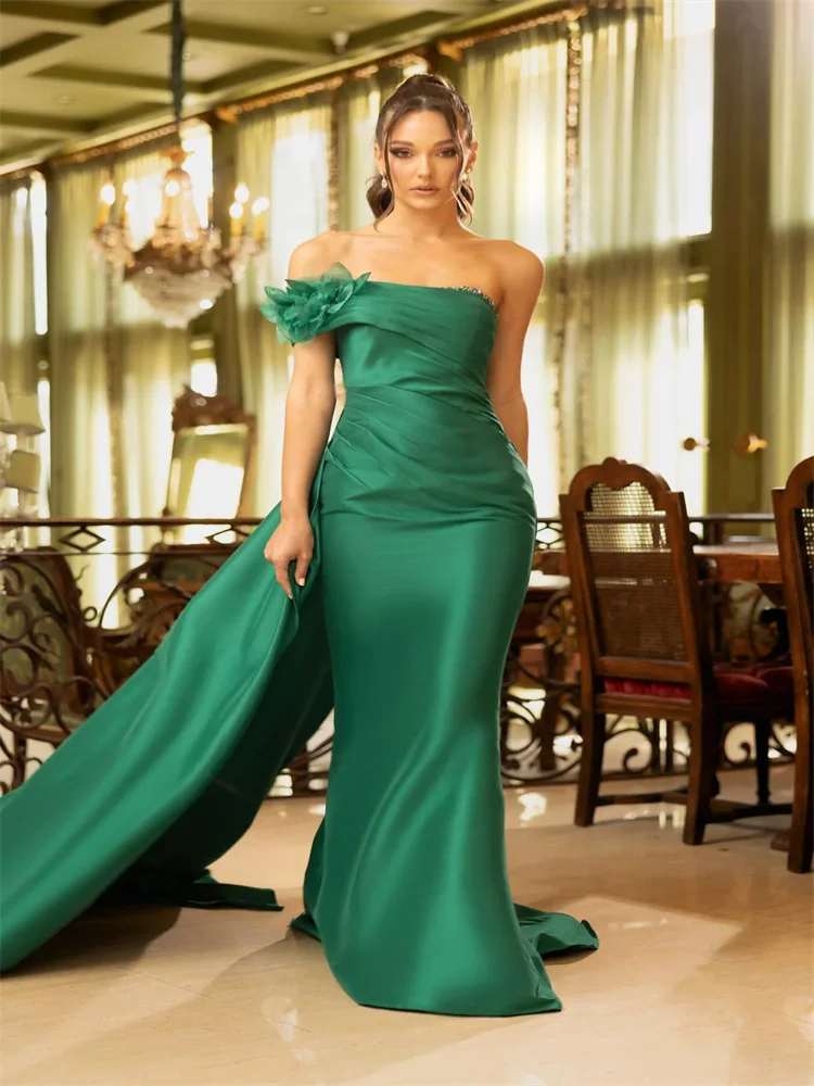 

Hot Selling One Shoulder Neckline Sleeveless Satin Sheath Evening Dress Sexy Open Back Floor Length Sweep Train Gown For Women