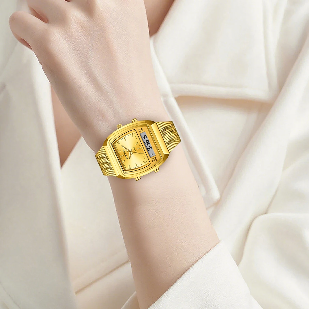 LIGE FOXBOX ساعات إلكترونية فاخرة للنساء مزدوجة رقمية كاجوال رياضية مقاومة للماء كوارتز مضيئة ساعات نسائية جديدة