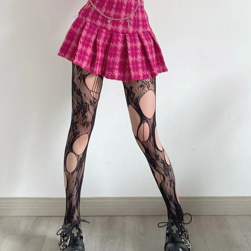 Women Gothic Punk Black Fishnet Pantyhose Harajuku  Irregular Ripped Beggar Holes Mesh Tights Floral Jacquard Pattern