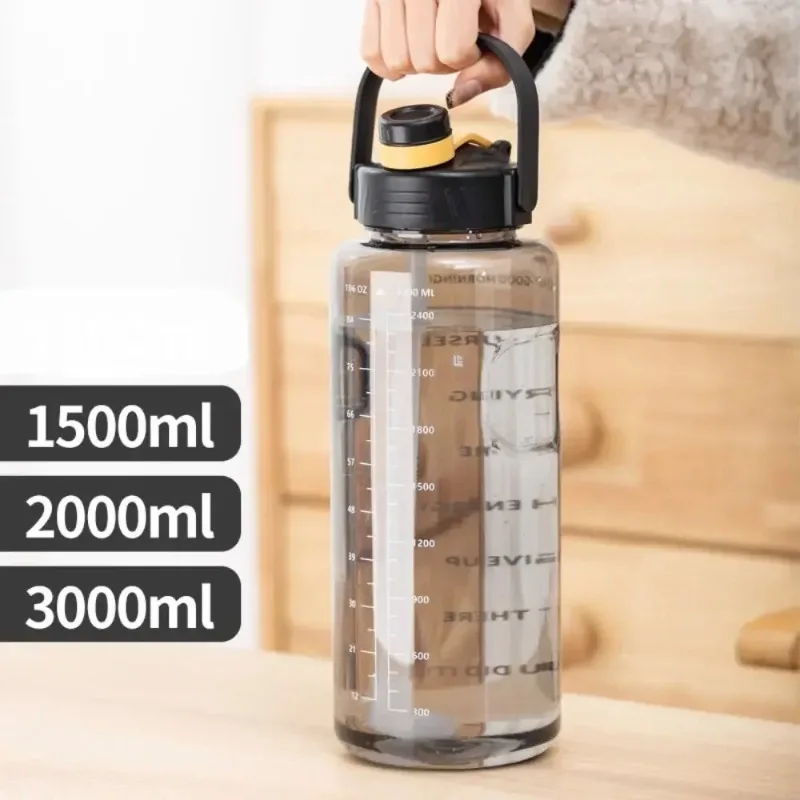1.5L/2L/3L Sports Kettle Large Capacity Water Cup with Straw and Time Mark Leak-proof Beverage Bottle Outdoor Sports Kettle