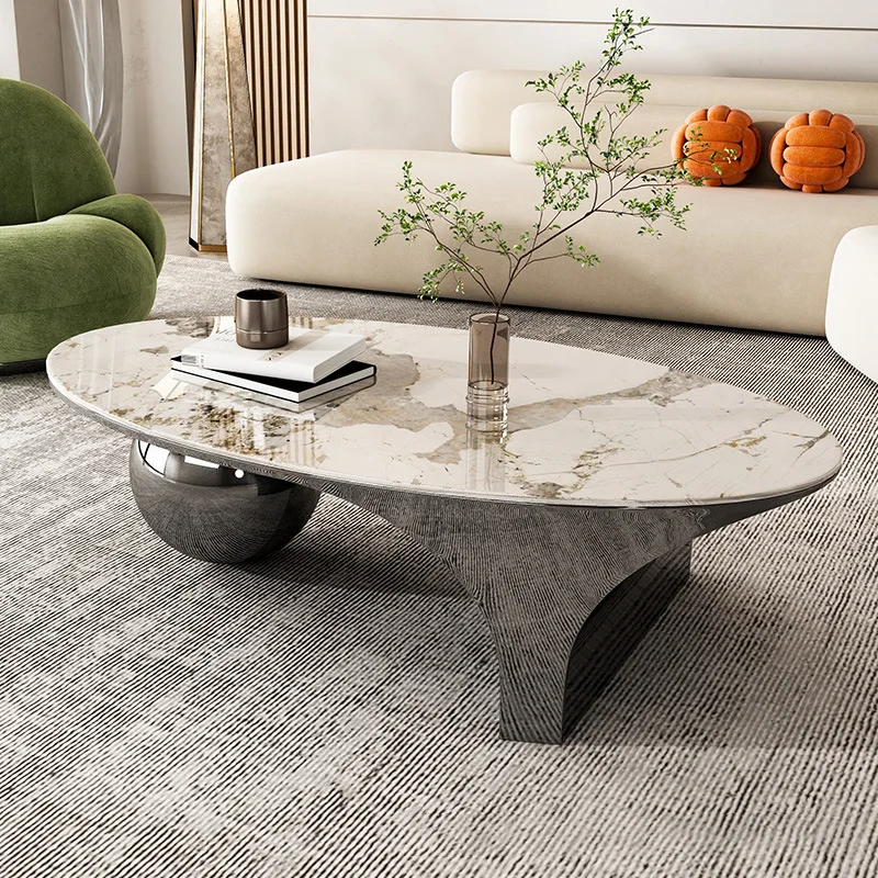 Modern Style Luxury Marble Oval Gold Black Large Coffee Table Set Stainless Design Home Living Room Aesthetic Furniture