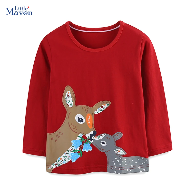 Little maven Baby Girls Kids Clothes Children\'s Clothing Autumn 2024 Cartoon Deer Long Sleeves T-shirt Spring Cotton Tops