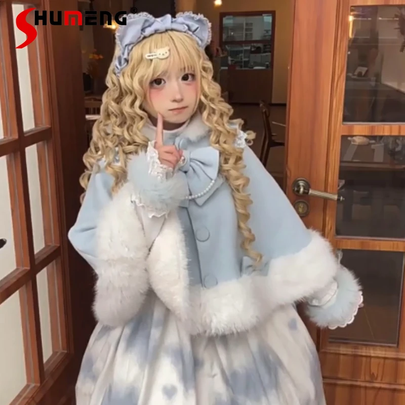 

Japanese Lolita Ponchos Fleece-Lined Single-breasted Cape Wool Coat 2025 New Y2k Cute Bow Rojita Cloak Jacket Outerwear Women