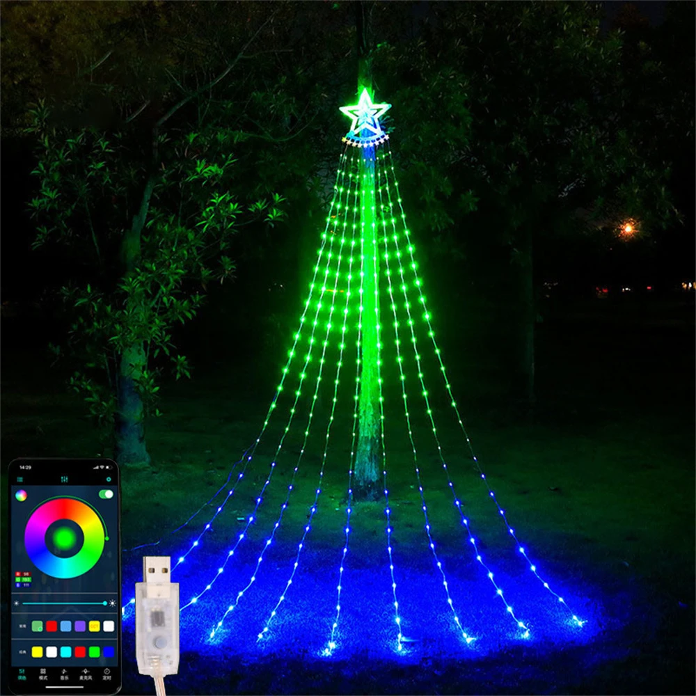 

9x2.8M App Control Christmas Decorations Star String Lights USB Powered 350LED Waterfall Tree Fairy Lights for Garden Yard Decor