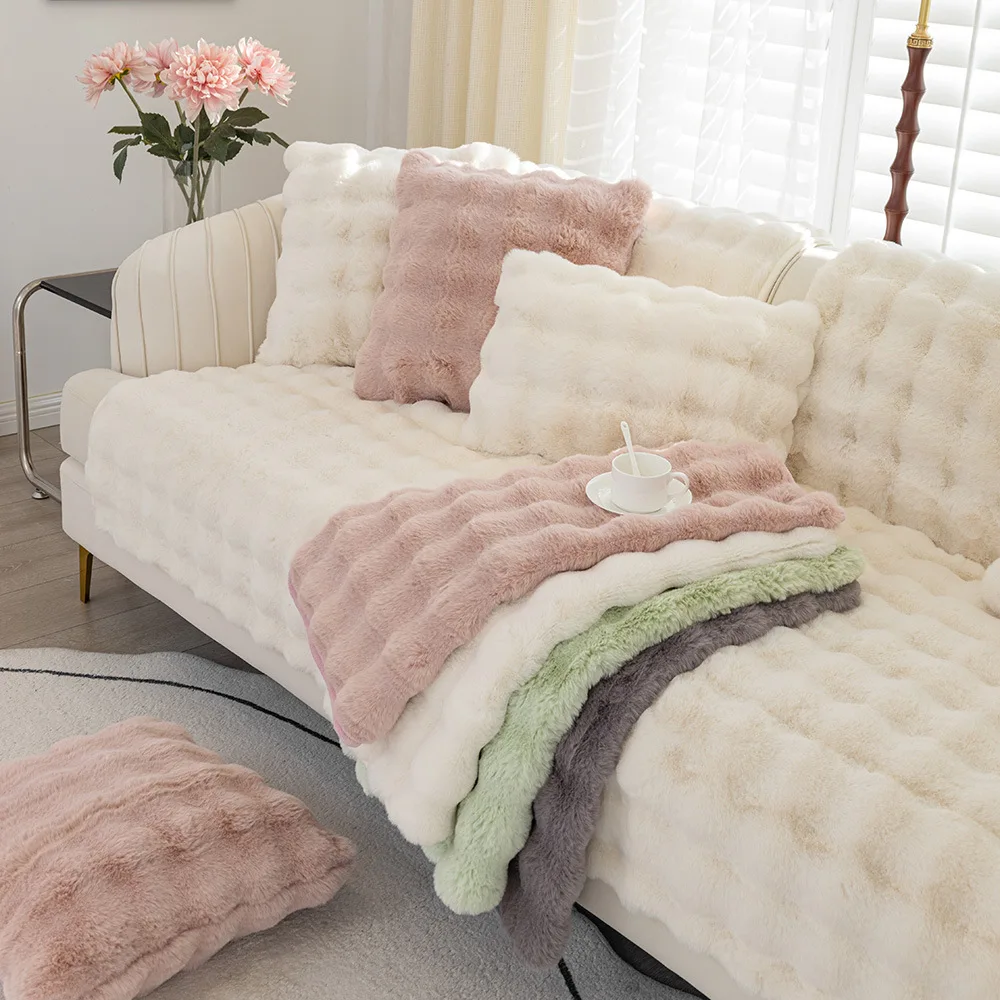 Rabbit Plush Sofa Covers Winter Warm Universal Sofa Towel Non-slip Sofa Mat Thick Sofa Cover Towel Slipcover for Living Room