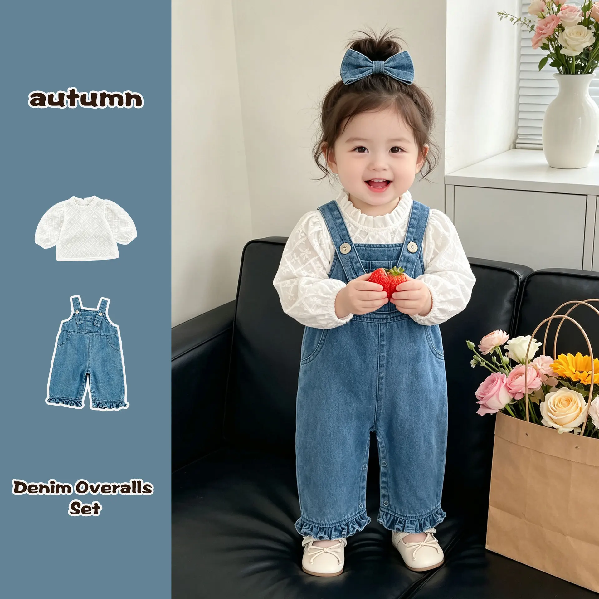 2026 Autumn Girls' Denim Outfit Set with Korean-Style Ins Wind Jacquard Bubble Sleeve Top and Denim Overalls Two-Piece Set