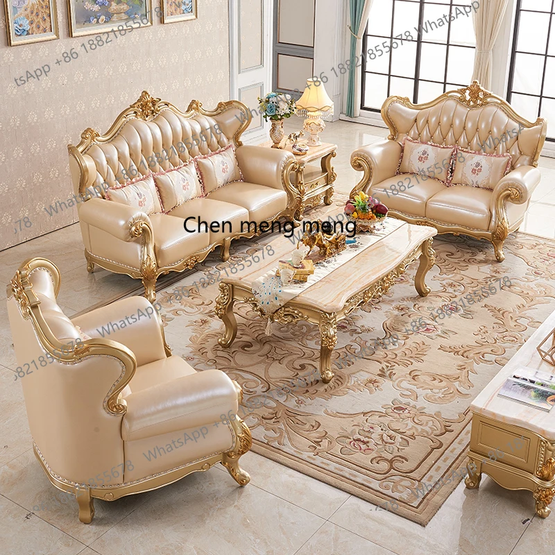 

French solid wood sofa European living room top layer cowhide high-end villa genuine leather luxury gold furniture