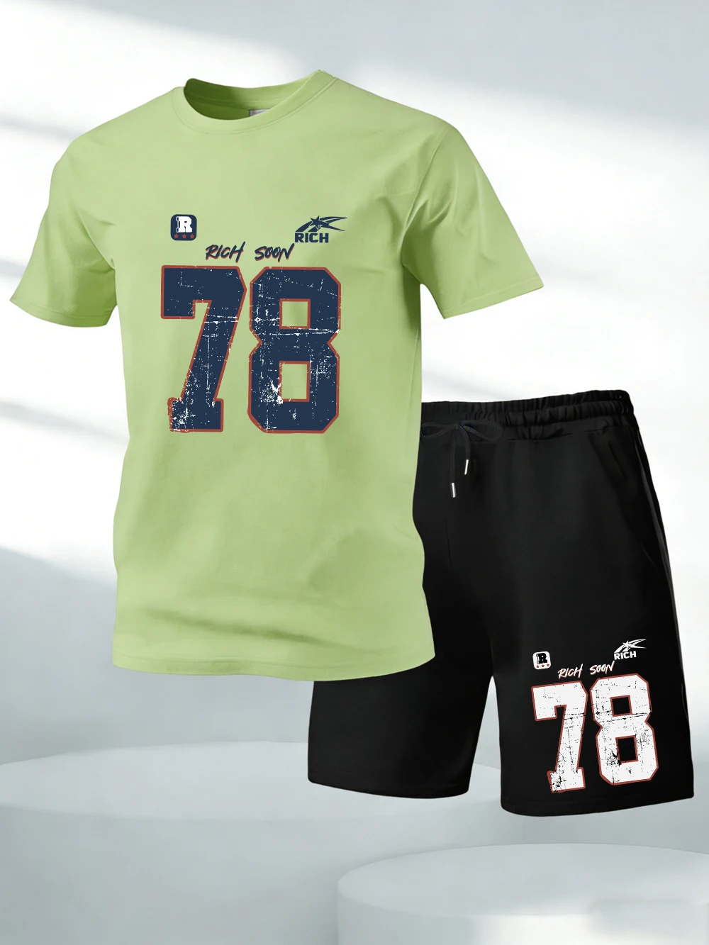 Two Pieces Set Rich Soon Number 78 Printed Cotton Tops Shorts Mens Oversized Soft O-Neck T-Shirts Pocket High Waisted Male Pants