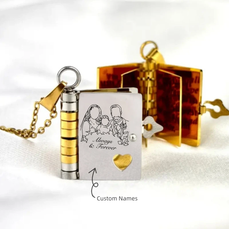 

Custom Book Locket Necklace - Personalized 3-Page Engravable Book Pendant with Photo Engraved and Cutout Heart