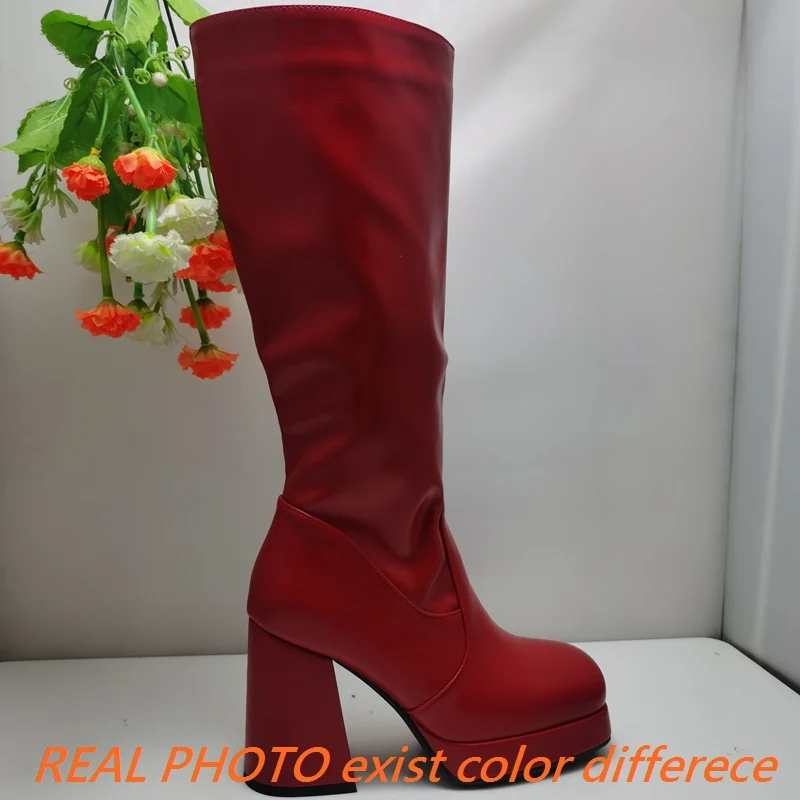 REAVE CAT Women Knee High Boots Toe Block Heels 10cm Platform 2.5cm Big Size 43 Concise Female Bota