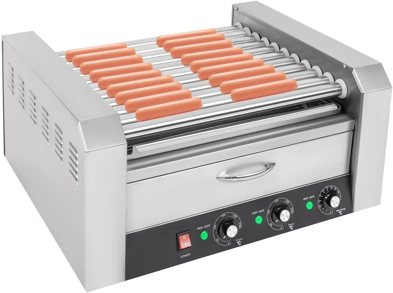 Hot Dog Roller, 1560W Commercial Electric 30 Hot Dog 11 Roller Grill Cooker Machine W/Bun Warmer, Independent Temperature