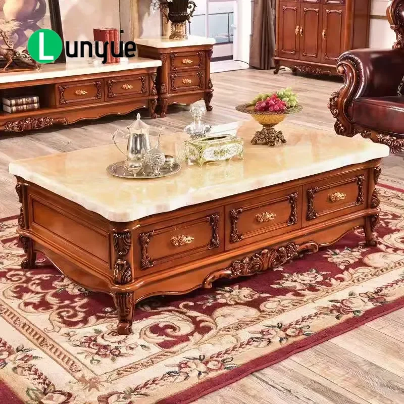 European Style Square Solid Wood Coffee Table with Drawers Marble Top Modern Living Room Furniture for Apartment