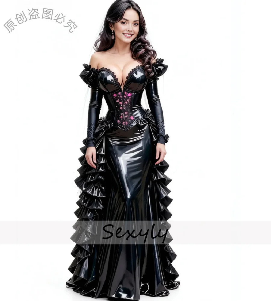 Vintage Gothic Meerjungfrau Abendkleid PVC Rüschen Langarm Vampir Kostüm Abendkleider Elegantes Trubel Viktorianisches Partykleid