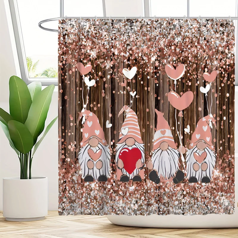 Pink Gnomes & Hearts Sequin Shower Curtain Set - Fade-Resistant Polyester Bathroom Decor with Hooks, Non-Slip Rug, U-Shaped Mat,