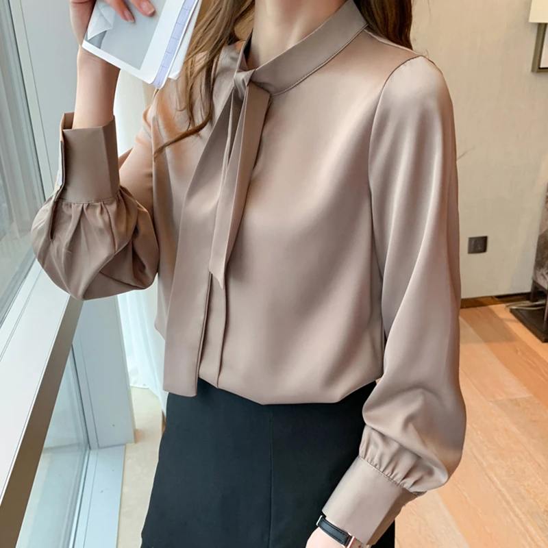 Silk Korean Office Ladies Elegant Shirt Women plus size Button Up Satin Blouse Vintage White Long Sleeve lace up Shirts Tops 6XL