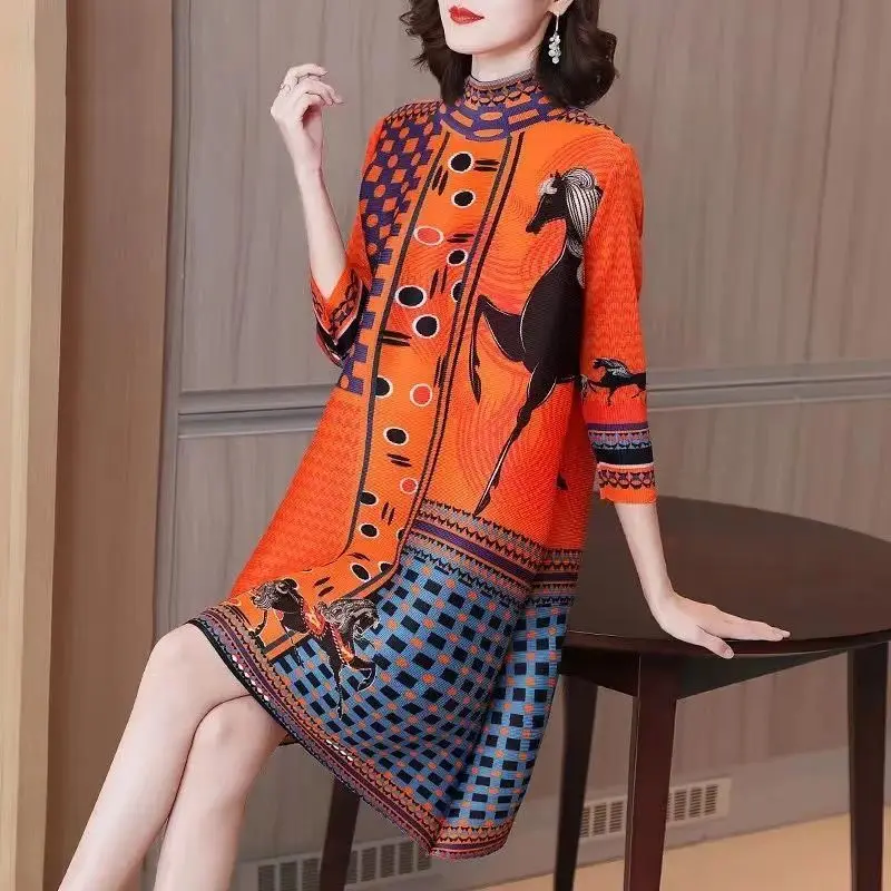 Fashion retro plexue dress female 2023 spring national wind printed high-end foreign air large A word skirt long sleeve dress