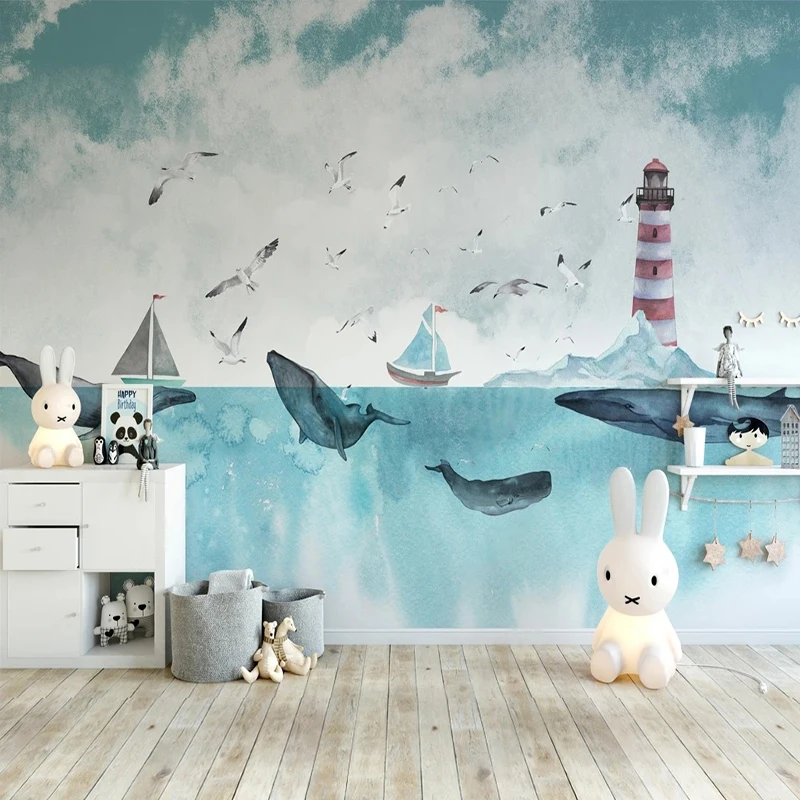 

Custom 3D Cartoon Creative Hand-painted Whale Lighthouse Mural Wallpaper For Kids Room Bedroom Background Wall Paper Home Decor