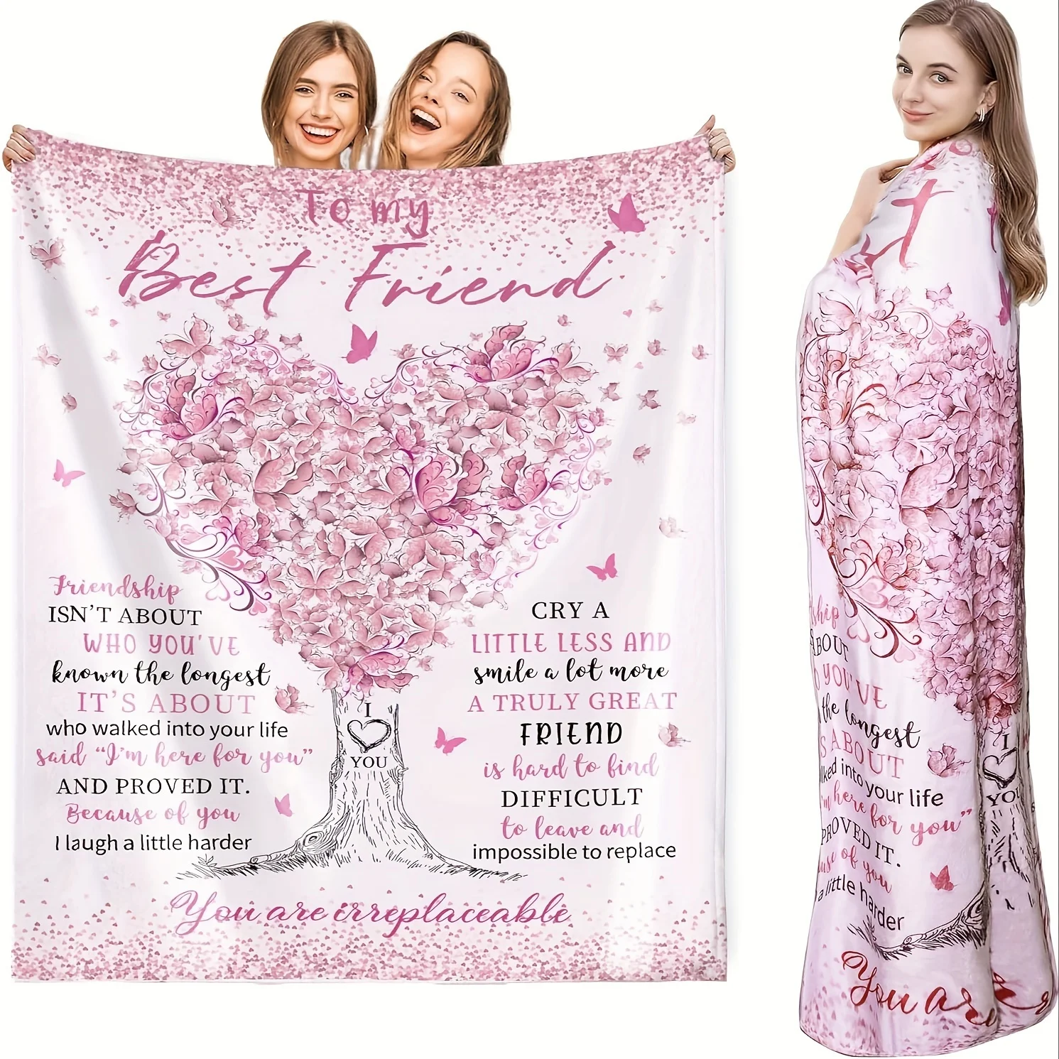 

Vintage-Inspired Friendship Throw Blanket – Soft Flannel Fleece Sofa Throw with Inspirational Best Friend Tree Message